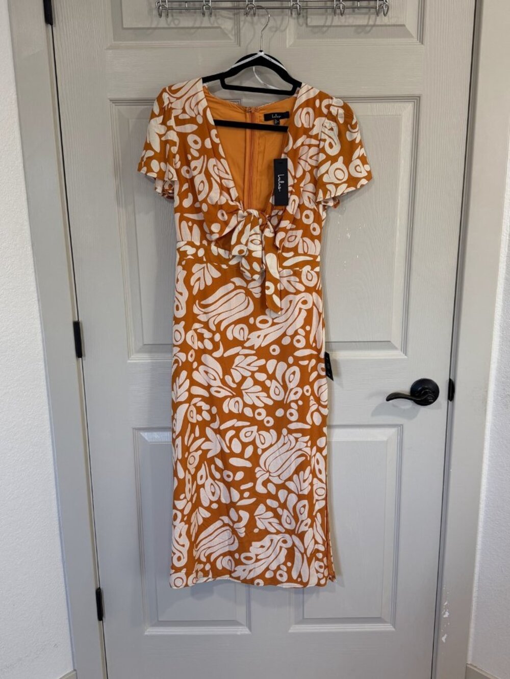 Lulus Orange Print Tie-Front Midi Dress Size S NWT